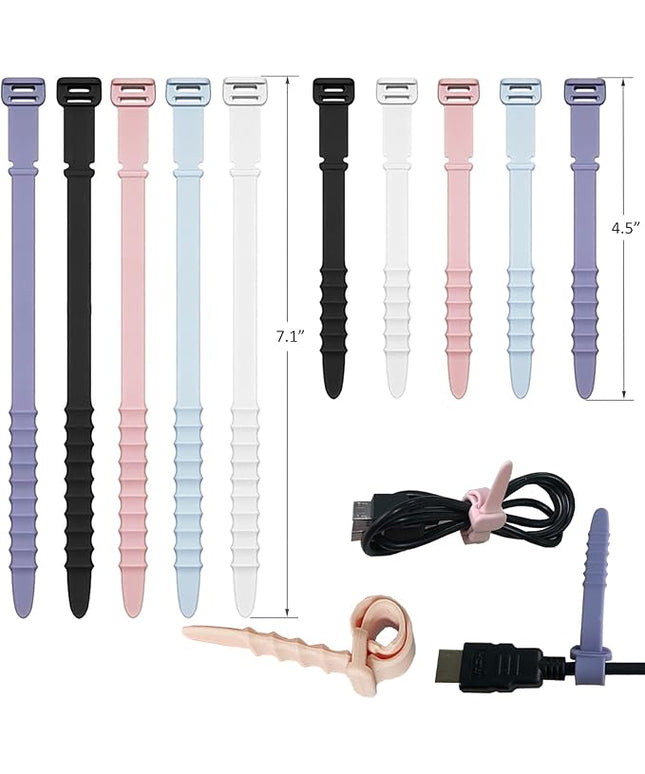 Silicone Zip Ties, Reusable Zip Ties, Rubber Cable Ties Straps for Wire Management, Elastic Silicone Ties Cable Organizer for Home Office, Multicolor Cord Ties in Two Sizes 4.5" and 7.1" (5+5 Pcs)