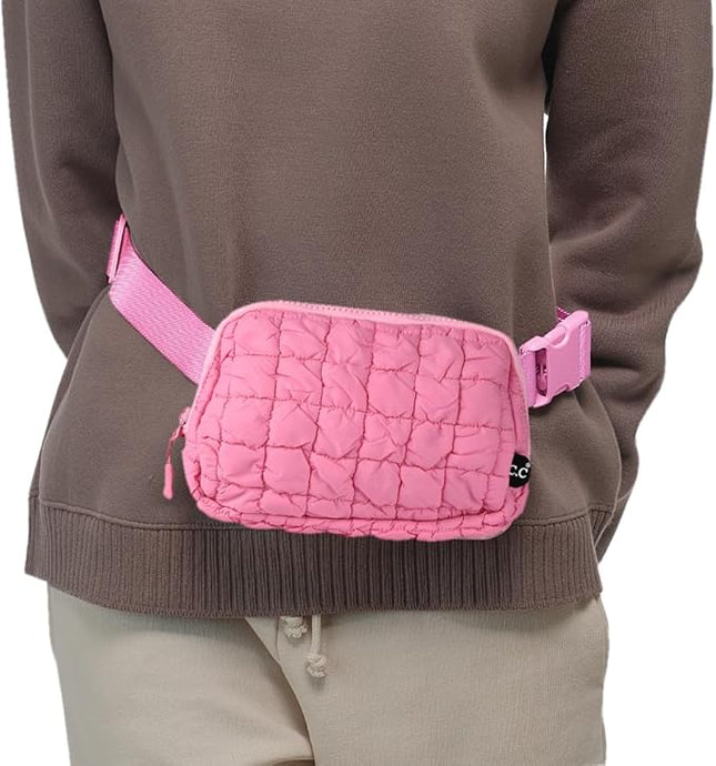 C.C Quilted Puffer Fanny Pack For Women Unisex - Daily Waist Crossbody Belt bag With Adjustable Strap (Pink)