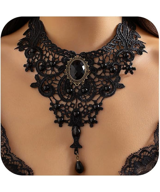 Fesciory Black Necklaces for Women, Adjustable Layered Velvet Leather Lace Collar Necklace, Goth Jewelry Gifts.