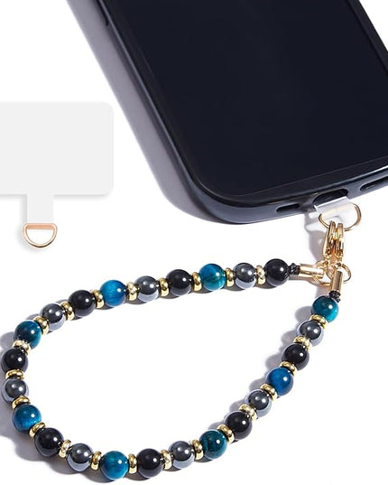Marble Beaded Phone Wrist Strap,Detachable Phone Bracelet Strap with Tether Tab,Hands-Free Wristlet Strap (Blue Tiger Eye)