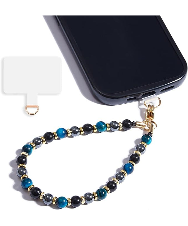Marble Beaded Phone Wrist Strap,Detachable Phone Bracelet Strap with Tether Tab,Hands-Free Wristlet Strap (Blue Tiger Eye)