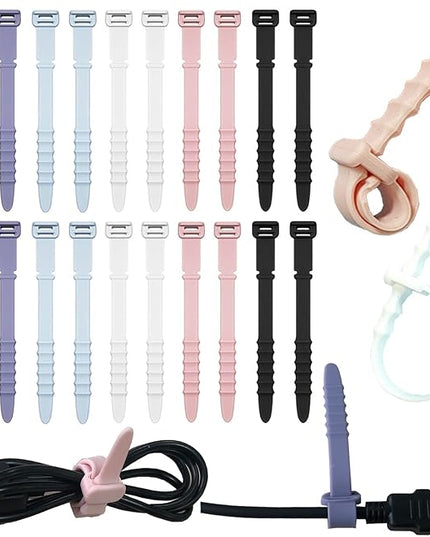 Silicone Zip Ties, Reusable Zip Ties, 20pcs Rubber Cable Ties Straps for Wire Management, Elastic Cable Organizer for Home Office Table Desk. 4.5” Cord Ties in White, Black, Pink, Purple and Blue