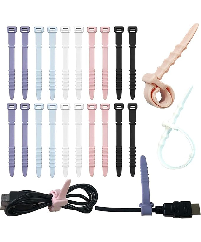 Silicone Zip Ties, Reusable Zip Ties, 20pcs Rubber Cable Ties Straps for Wire Management, Elastic Cable Organizer for Home Office Table Desk. 4.5” Cord Ties in White, Black, Pink, Purple and Blue