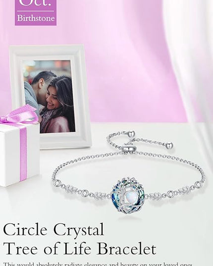 TOUPOP Tree of Life Birthstone Bracelet 925 Sterling Silver Family Tree Austrian Crystal Jewelry Anniversary Birthday Christmas Gifts for Women Wife Girlfriend Her