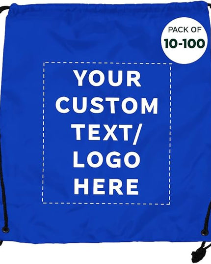 DISCOUNT PROMOS Custom Classic Polyester Drawstring Bagpack Set of 10/50/100, Personalized Bulk Pack - Great for Travelling, Gym and for Everyday Use - Royal Blue