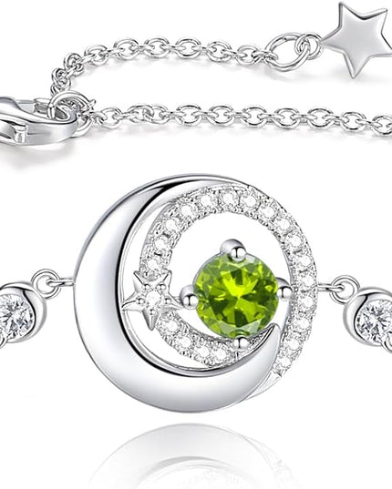 FANCIME Birthstone Bracelets 925 Sterling Silver Moon and Star Bangle Charm Bracelet Fine Jewelry Birthday Anniversary Christmas Day Gift for Her Women, Adjustable Chain 6.7"+1.2" Extend