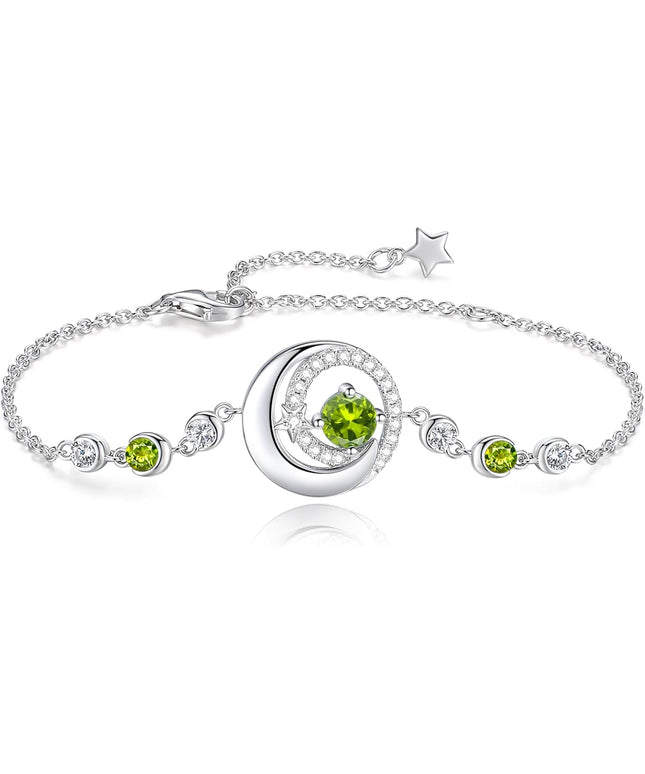 FANCIME Birthstone Bracelets 925 Sterling Silver Moon and Star Bangle Charm Bracelet Fine Jewelry Birthday Anniversary Christmas Day Gift for Her Women, Adjustable Chain 6.7"+1.2" Extend
