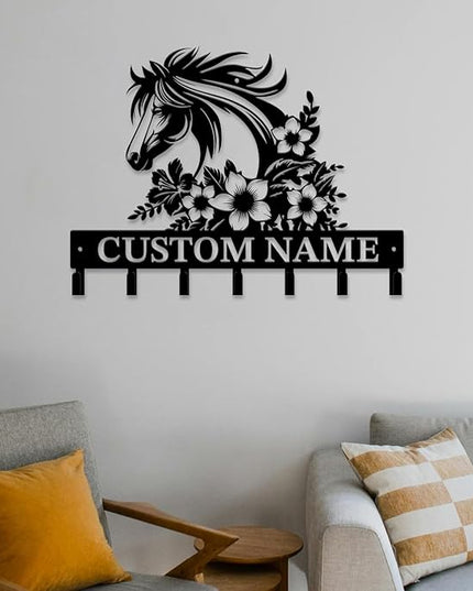 Personalized Custom Name Farm Horse Wall Key Hooks,Metal Horse Art Clothes Hooks,Metal Horse Wall Home Storage Decorative,For Front Door, Hallway, Kitchen, Bedroom,Keys,Hats (Style I)