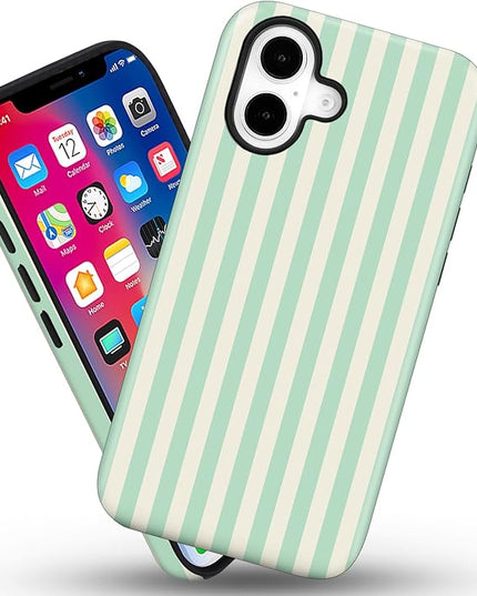 Magnetic for iPhone 17 Case Cute Stripes Phone Case, Shockproof Slim TPU and Hard PC Protective Phone Cover Compatible with MagSafe Designed for Women Girls, Light Green
