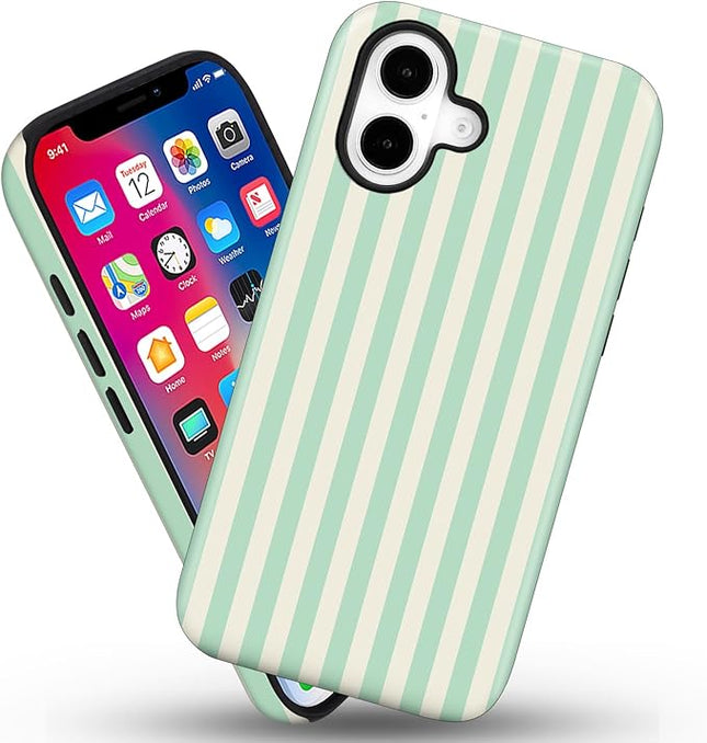 Magnetic for iPhone 17 Case Cute Stripes Phone Case, Shockproof Slim TPU and Hard PC Protective Phone Cover Compatible with MagSafe Designed for Women Girls, Light Green