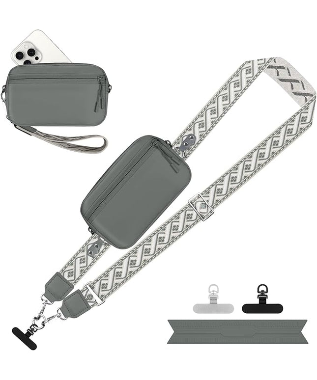 Clip and Go Strap for Phone with Wallet Crossbody, Adjustable Phone Lanyard with Detachable RFID Wristlet Wallet, Pattern Strap - Grey(L)