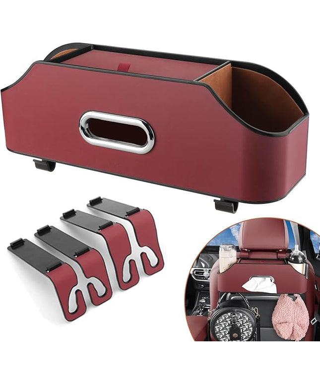 Car Seat Back Organizer - Stylish & Functional Storage for Family Adventures - Cup Holders, Tissue Box & Hooks - Perfect for Kids, Road Trips & Travel (Red)