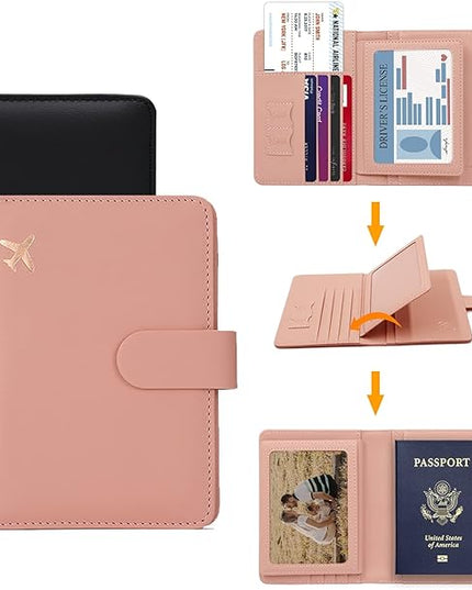 Melsbrinna Rfid Passport Holder for Travel women/Men, Cute Passport Wallet Rfid Blocking Card Slots, Rfid Passport Cover/CaseTravel Wallet, Passport Book Holder (2, Black pink)