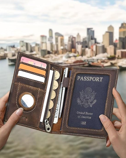 CONTACTS Full Grain Leather Passport Holder RFID Blocking Travel Passport Wallet Compatible with Airtag Slim Passport Cover Case with 4 Cards Slots, Coin Pocket (Brown)