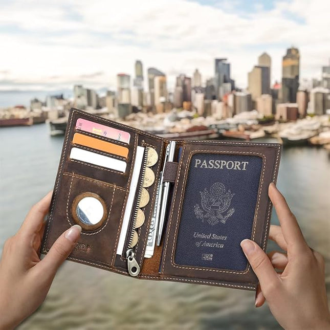 CONTACTS Full Grain Leather Passport Holder RFID Blocking Travel Passport Wallet Compatible with Airtag Slim Passport Cover Case with 4 Cards Slots, Coin Pocket (Brown)