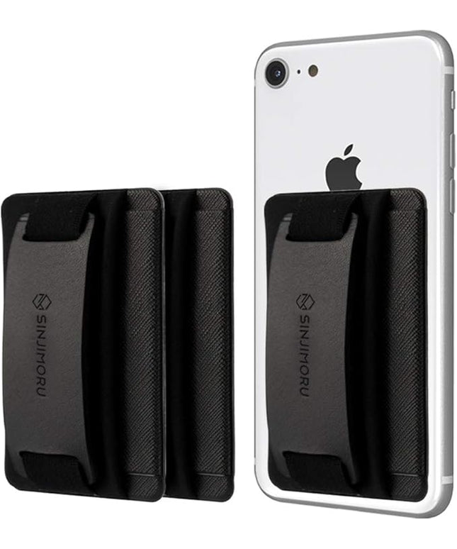 Sinjimoru Phone Grip Card Holder with Phone Stand, Secure Stick on Wallet for iPhone with Kickstand for Table. Sinji Pouch B-Grip Black [3 Pack]