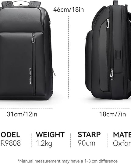 Muzee Business Backpack for Men, Travel Laptop Backpack Fits 15.6 Inch, Waterproof Expandable Bag 25L-35L, Black Work Daypack with USB & USB-C Charging Ports, Anti-Theft Pocket, Luggage Strap