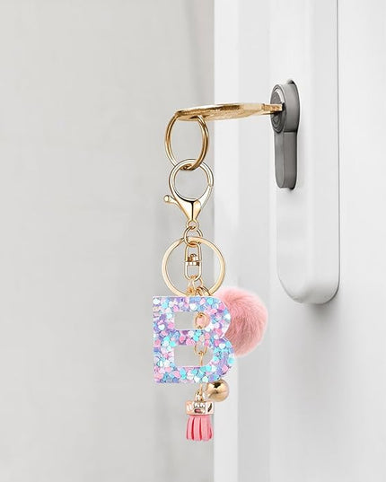 Resin Alphabet Initial Letter Keychain Keyring for Women Purse Handbags With Fur Ball Pom