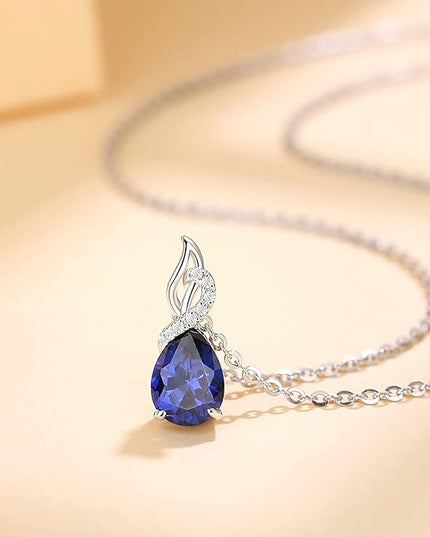 FANCIME 14K Solid White Gold Teardrop Pendant with Diamond Birthstone Necklace