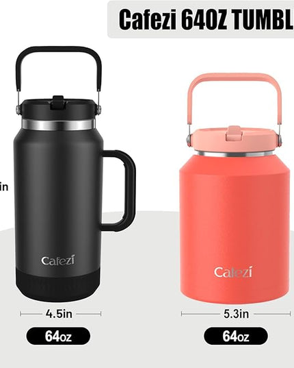 64 oz Insulated Water Bottle with Flip Straw, Vacuum Insulated Stainless Steel Jug with Top Handle, Leak-Proof Lid, Sweat-Free, Wide Mouth, Keeps Ice Cold up to 34 Hours