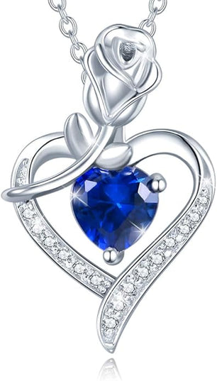 AGVANA Christmas Gifts Rosy Reverie Birthstone Necklace for Women Sterling Silver Genuine or Created Gemstone Rose Flower Heart Pendant Necklace Anniversary Birthday Gifts for Women Mom Wife Her