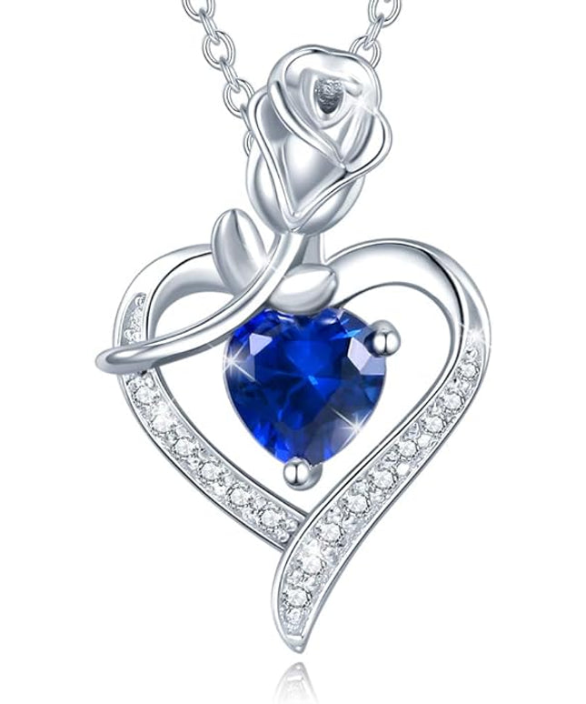 AGVANA Christmas Gifts Rosy Reverie Birthstone Necklace for Women Sterling Silver Genuine or Created Gemstone Rose Flower Heart Pendant Necklace Anniversary Birthday Gifts for Women Mom Wife Her