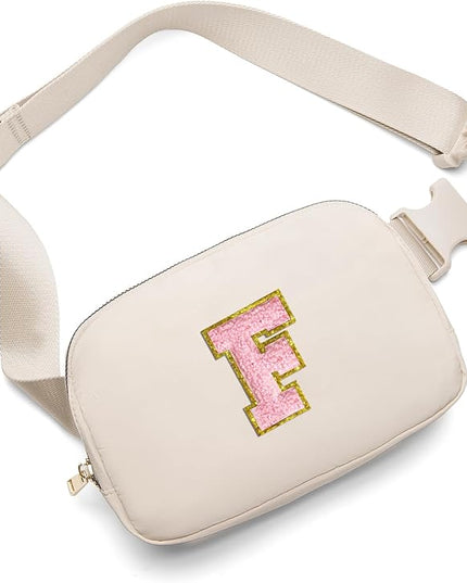 Gitus Belt Bag Fanny Pack Crossbody Bags with Initial Letter Patch Cute Stuff Birthday Gifts for Teenager Girls Trendy Preppy Stuff for Teen Girls(Beige-F)
