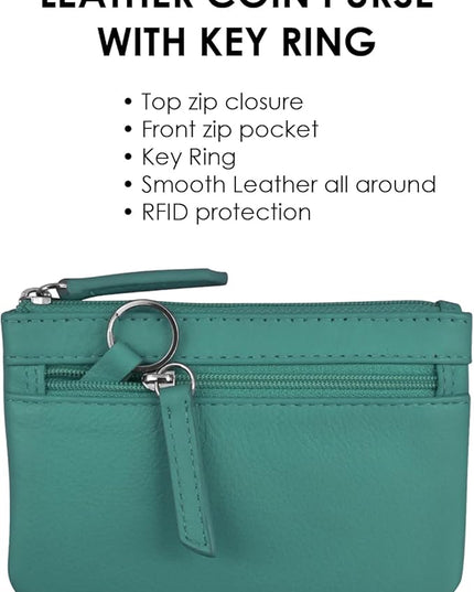 ili New York Mini Leather Coin Purse, Compact Design with Key Ring and RFID Protection for Women and Men in Vibrant Colors, Aqua