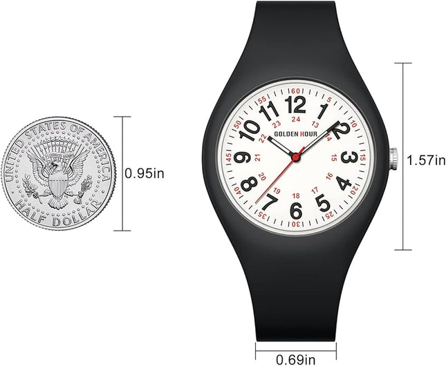 GOLDEN HOUR Waterproof Sports Analog Unisex Watches for Nurse Medical Professionals, Students - Military Time Glowing Easy to Read Dial, Jelly Silicone Strap