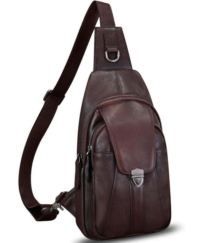 Genuine Leather Sling Bag for Women and Man Handmade Retro Hiking Crossbody Backpack Purse Chest Shoulder Daypack