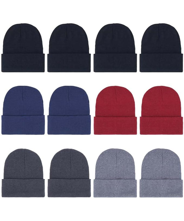 ZH 12-Pack Knitted Winter Beanie Hats for Men and Women, Warm and Cozy Cuffed Skull Caps, Bulk Purchase