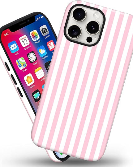 Magnetic for iPhone 15 Pro Case Cute Stripes Phone Case, Shockproof Slim TPU and Hard PC Protective Phone Cover Compatible with MagSafe Designed for Women Girls, Pink and White