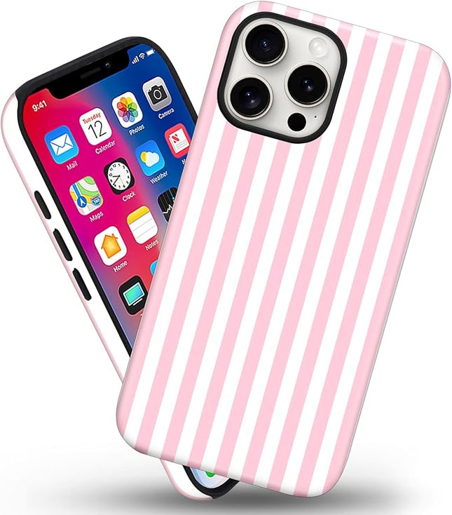 Magnetic for iPhone 13/14 Case Cute Stripes Phone Case, Shockproof Slim TPU and Hard PC Protective Phone Cover Compatible with MagSafe Designed for Women Girls, Pink and White