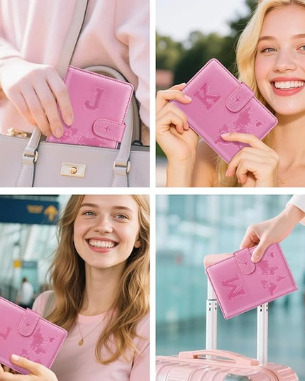 Passport Holder Cover Initail Letter A-Z Travel Wallet Embossed Design RFID Blocking Card Holder Personalized Gift Passport Cover Wallet, Passport Book Holders for Women and Girls, Pink-J