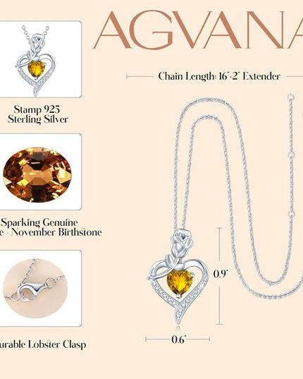 AGVANA Christmas Gifts Rosy Reverie Birthstone Necklace for Women Sterling Silver Genuine or Created Gemstone Rose Flower Heart Pendant Necklace Anniversary Birthday Gifts for Women Mom Wife Her