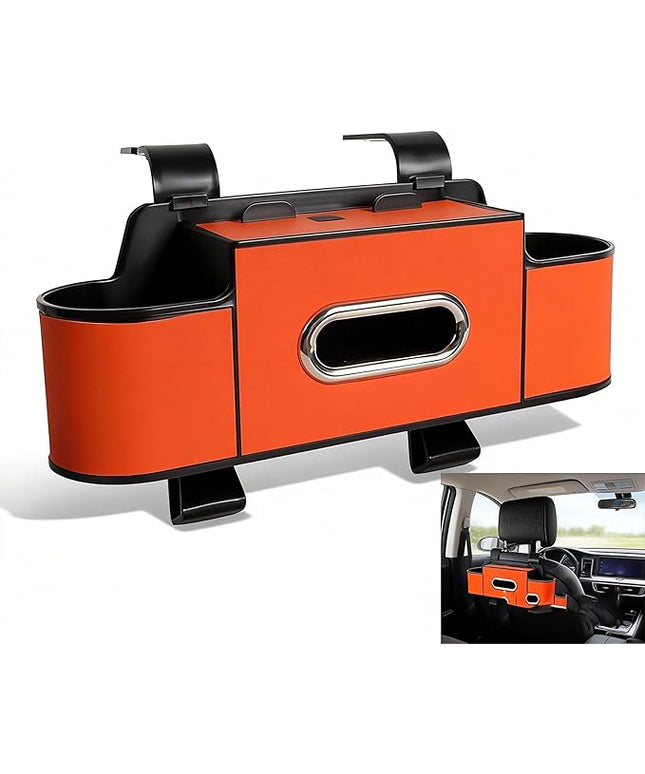 Car Organizer, 3-in-1 Backseat Car Organizer with Dual Cup Holders, Tissue Box & Phone Holder - Multifunctional Waterproof Storage for Daily Driving & Travel (Orange)