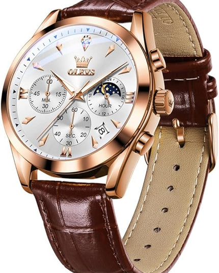 OLEVS Men's Watches Leather Strap Analog Quartz Watch, Fashion Big Dial Date Waterproof Watch, Dress Luxury Luminous Men Watches