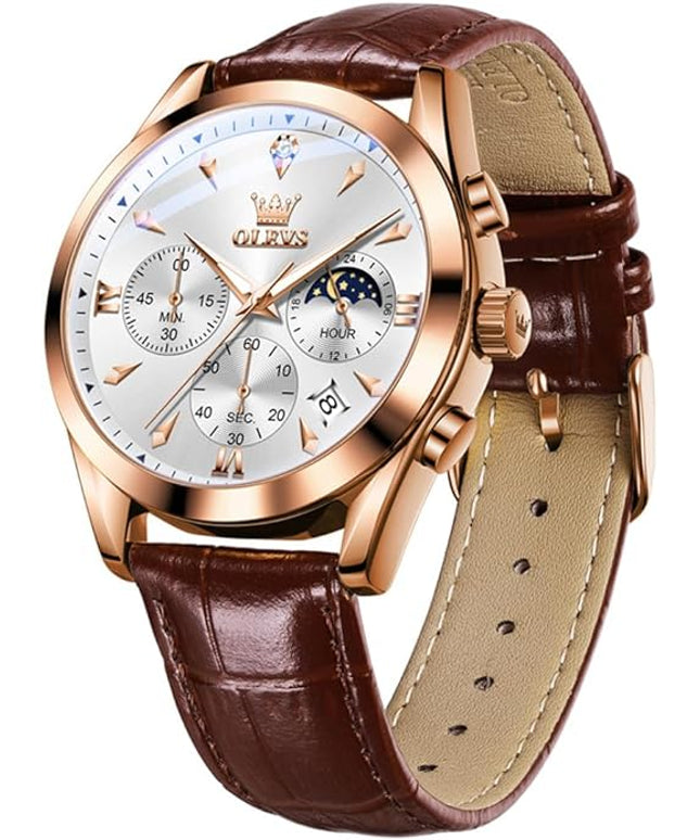 OLEVS Men's Watches Leather Strap Analog Quartz Watch, Fashion Big Dial Date Waterproof Watch, Dress Luxury Luminous Men Watches