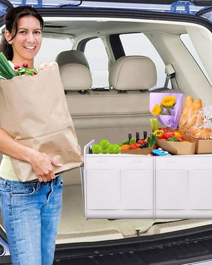 Homeve Trunk Organizer, Car Storage, Reinforced Handles, Collapsible Multi-Compartment, Foldable, Waterproof, Sturdy, 600D Oxford Polyester For Car, SUV, Mini-Van, White, 2 Compart