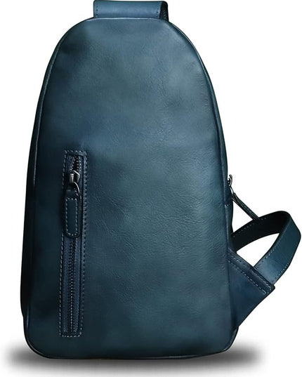Genuine Leather Sling Bag Crossbody Purse Handmade Hiking Daypack Motorcycle Bag Retro Shoulder Backpack Vintage Chest Bag (NavyBlue)
