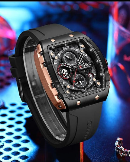 PASOY Luxury Chronograph Watches for Mens Rubber Strap Black Waterproof Date Analog Quartz Watch