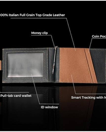 Jenoss Smart Tracking Wallet For Men: Smart Tracker Works with Apple Find My Full Grain Leather, Slide Pop Up Card, Minimalist Compact 12 Cards Slot Organizers ID Money Clip