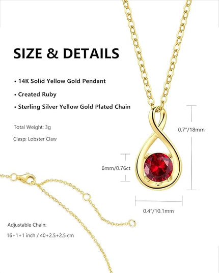 FANCIME 14K Solid Gold Birthstone Pendant with Sterling Silver Chain Infinity Gemstone Necklace Fine Jewelry Anniversary Birthday Christmas Gifts for Women Wife Her