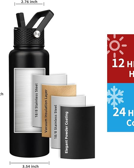 Insulated Water Bottle 40oz,Triple Wall Vacuum Stainless Steel(Dishwasher Safe),Leak Proof & Non-BPA,Flask Jug with Paracord Handle & Straw Spout Lids Sports Black
