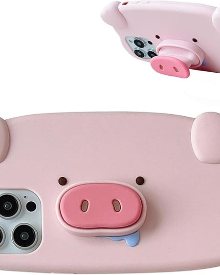 Case Compatible with iPhone 17 Pro,Cute 3D Kawaii Funny Pig Stand Cartoon Cover with Keychain Soft Silicone Gel Drop Protector Women Girls