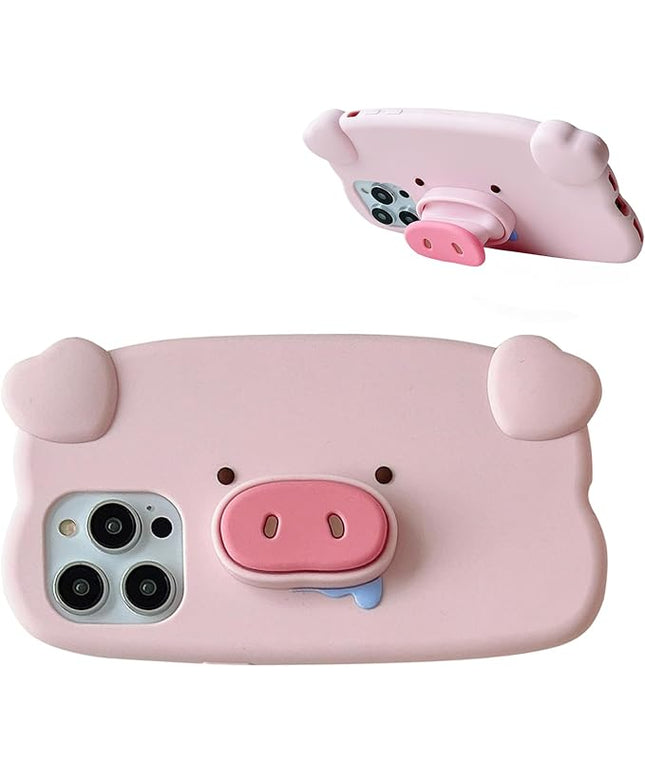 Case Compatible with iPhone 16,Cute 3D Kawaii Funny Pig Stand Cartoon Cover with Keychain Soft Silicone Gel Drop Protector Women Girls