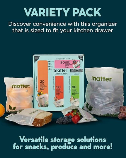 Matter Compostable Assorted Kitchen Bags, 230 Count, Biodegradable, Eco-Friendly Resealable Food Storage Variety Pack, 80 Snack, 80 Sandwich, 50 Quart & 20 Gallon