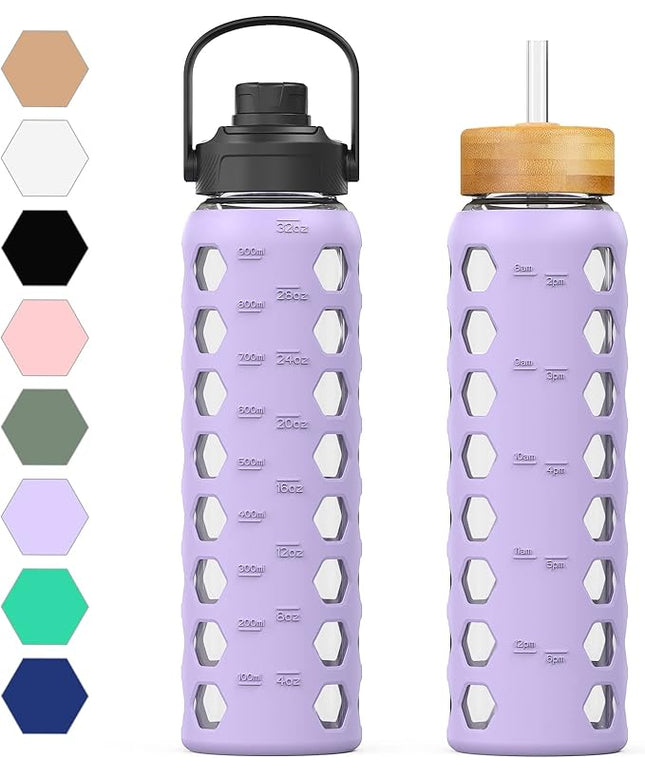 MUKOKO 32oz Glass Water Bottles with 2 Lids-Handle Spout Lid&Bamboo Straw Lid, Motivational Water Tumbler with Time Marker Reminder and Silicone Sleeve, Leakproof-Purple-1 Pack