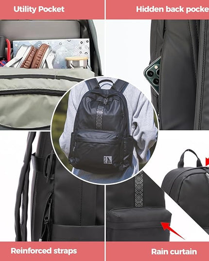 INUK Geometric Stripe Laptop Backpack, 13 Inch Water Resistant Backpack for College & Work, Recycled Travel Daypack Made from 24 Plastic Bottles, with Hidden Pocket & Luggage Strap, Black