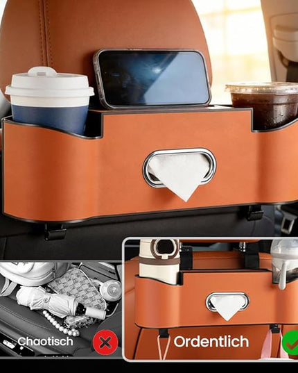 3-in-1 Car Backseat Organizer with Cup Holder, Car Back Seat Storage Box with Drink Cup Holder Tissue Box, for Hold Phone,Snacks, Drinks, Handbag (1, Orange)